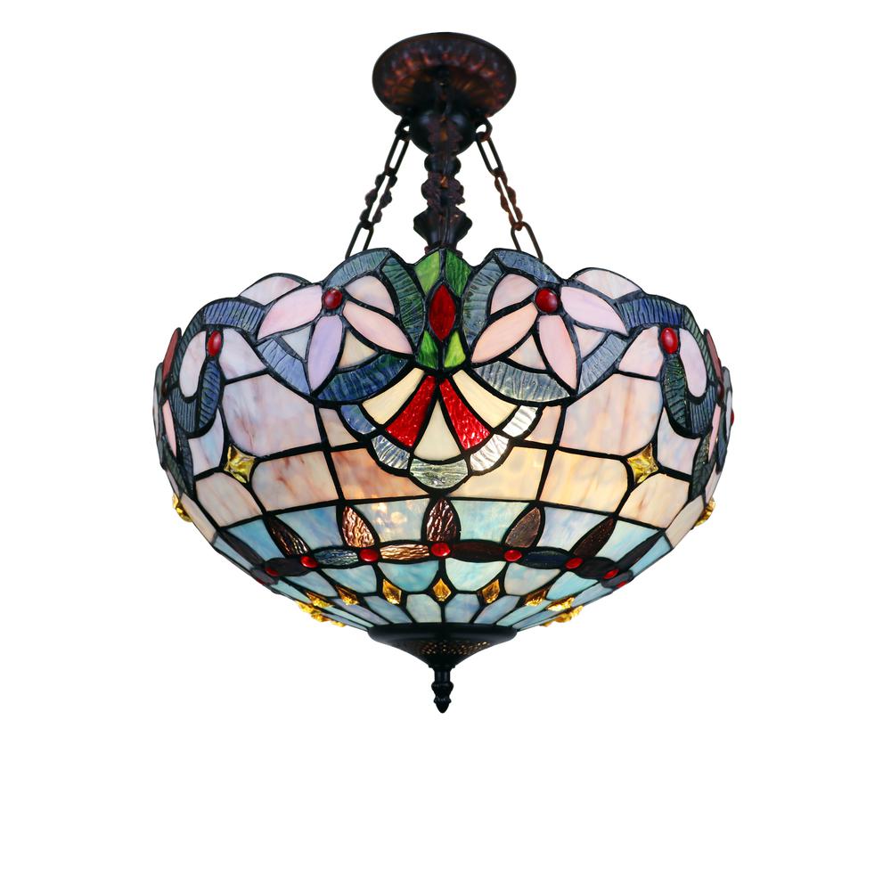 CHLOE Lighting GRENVILLE Victorian Tiffany-Style Dark Bronze 2 Light Inverted Ceiling Pendant 18" Wide. Picture 5