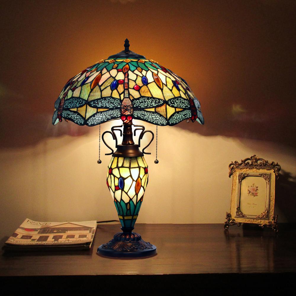 CHLOE Lighting EMPRESS Tiffany - style Dark Bronze 3 Light Double Lit Table Lamp 16" Shade. Picture 6