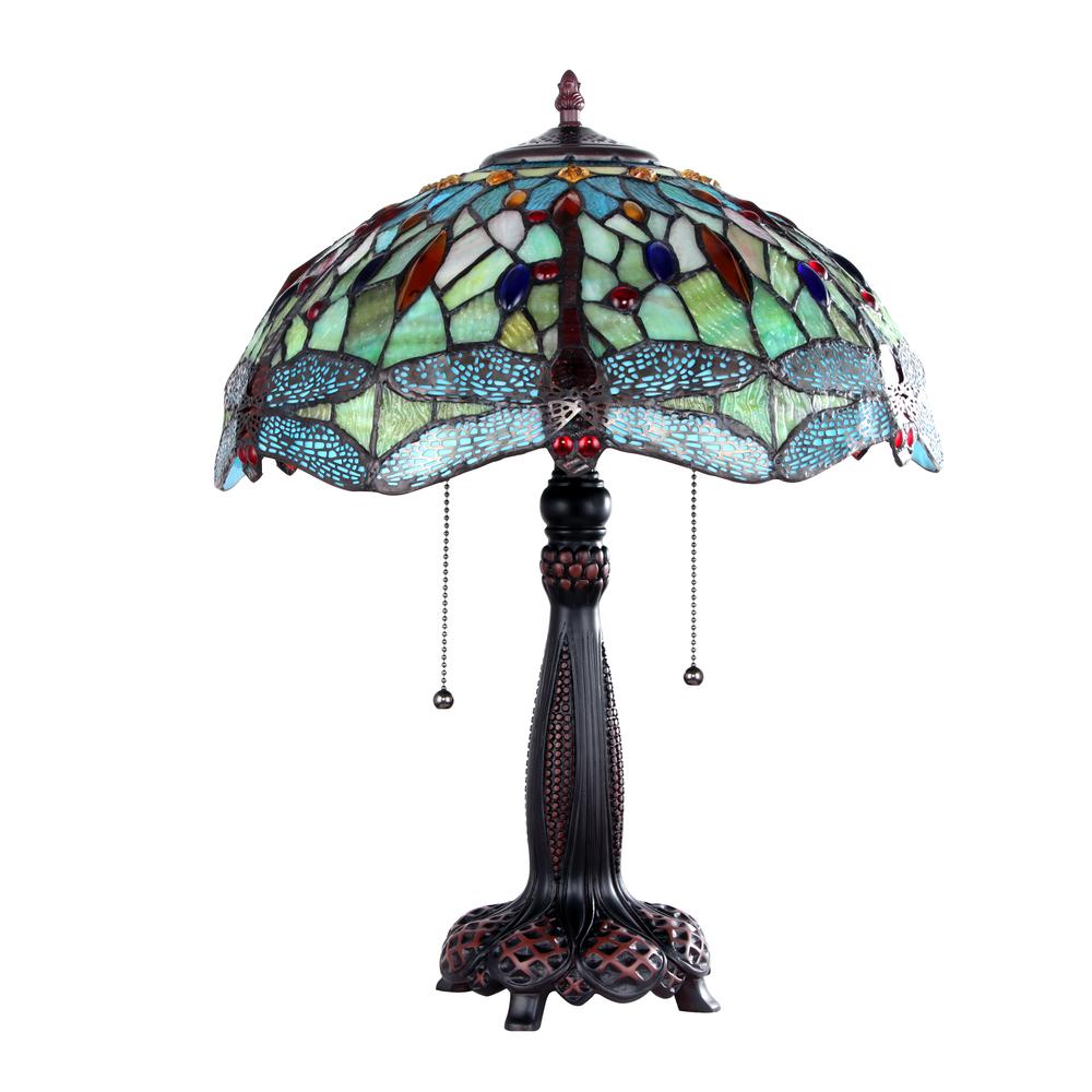 CHLOE Lighting EMPRESS Dragonfly Tiffany-style Dark Bronze 2 Light Table Lamp 16" Wide. Picture 3
