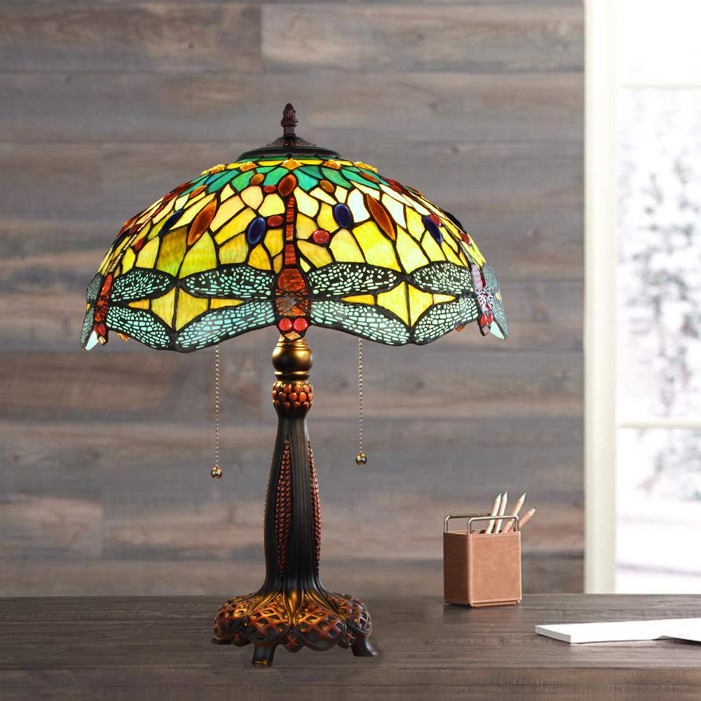 CHLOE Lighting EMPRESS Dragonfly Tiffany-style Dark Bronze 2 Light Table Lamp 16" Wide. Picture 6