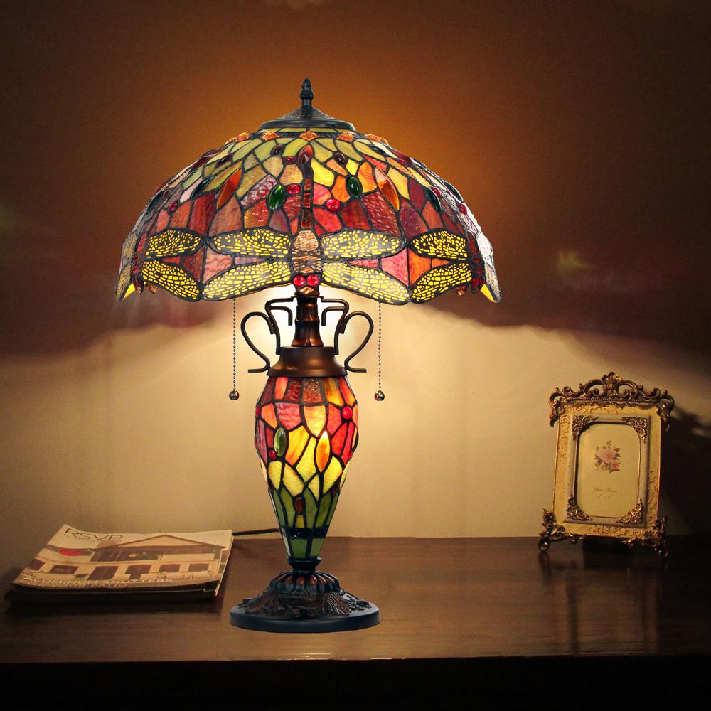 CHLOE Lighting EMPRESS Tiffany-style Dark Bronze 3 Light Double Lit Table Lamp 16" Shade. Picture 6