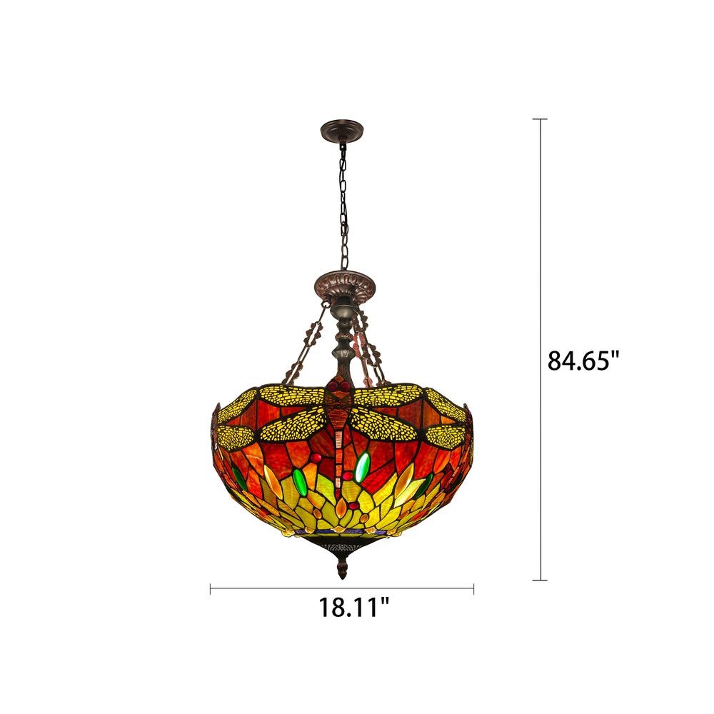 CHLOE Lighting EMPRESS Dragonfly Tiffany-style Dark Bronze 3 Light Inverted Pendant 18" Wide. Picture 6