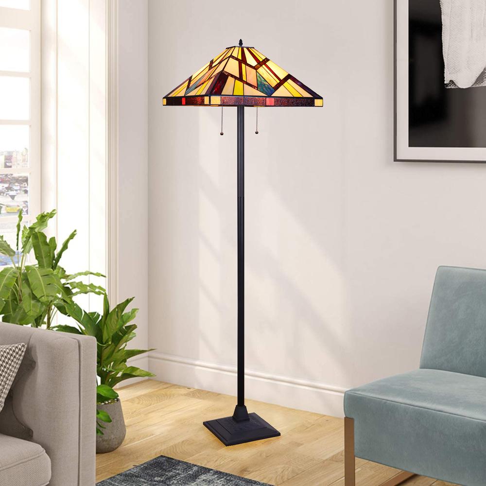 CHLOE Lighting VINCENT Tiffany-Style Blackish Bronze 2-Light Mission Floor Lamp 18" Shade. Picture 6