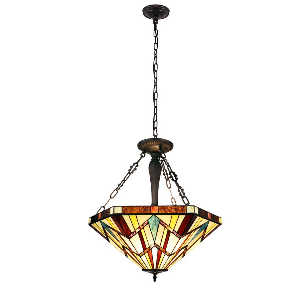 CHLOE Lighting VINCENT Tiffany-Style Blackish Bronze 3-Light Mission Inverted Pendant 22" Wide. Picture 1