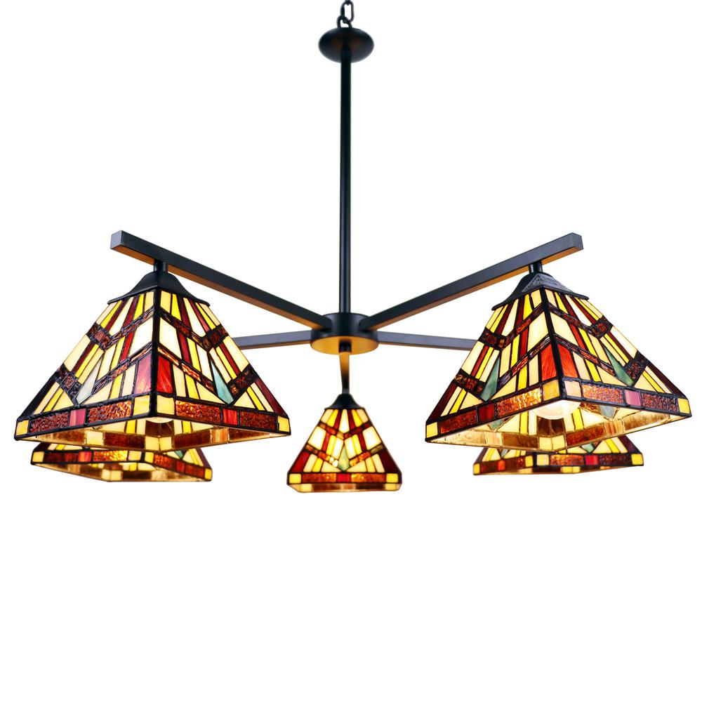 CHLOE Lighting VINCENT Mission Tiffany-style Blackish Bronze 5 Light Chandelier 30" Wide. Picture 2