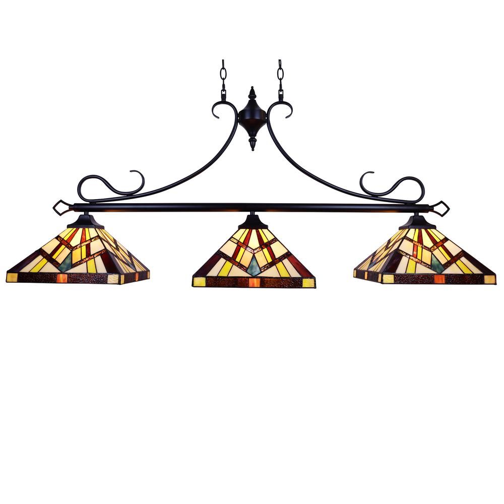 CHLOE Lighting VINCENT Mission Tiffany-Style 3 Light Island Pendant 47" Wide. Picture 3