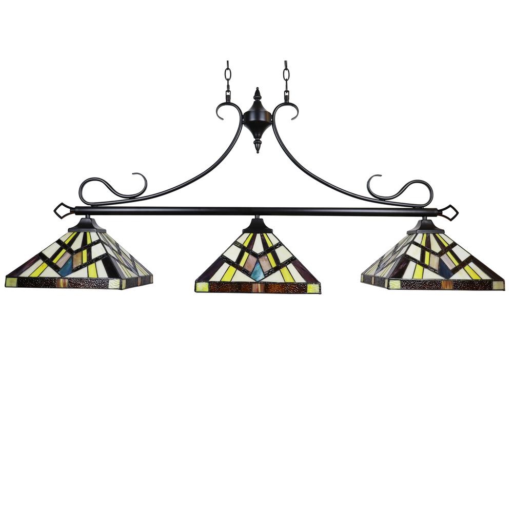 CHLOE Lighting VINCENT Mission Tiffany-Style 3 Light Island Pendant 47" Wide. Picture 1