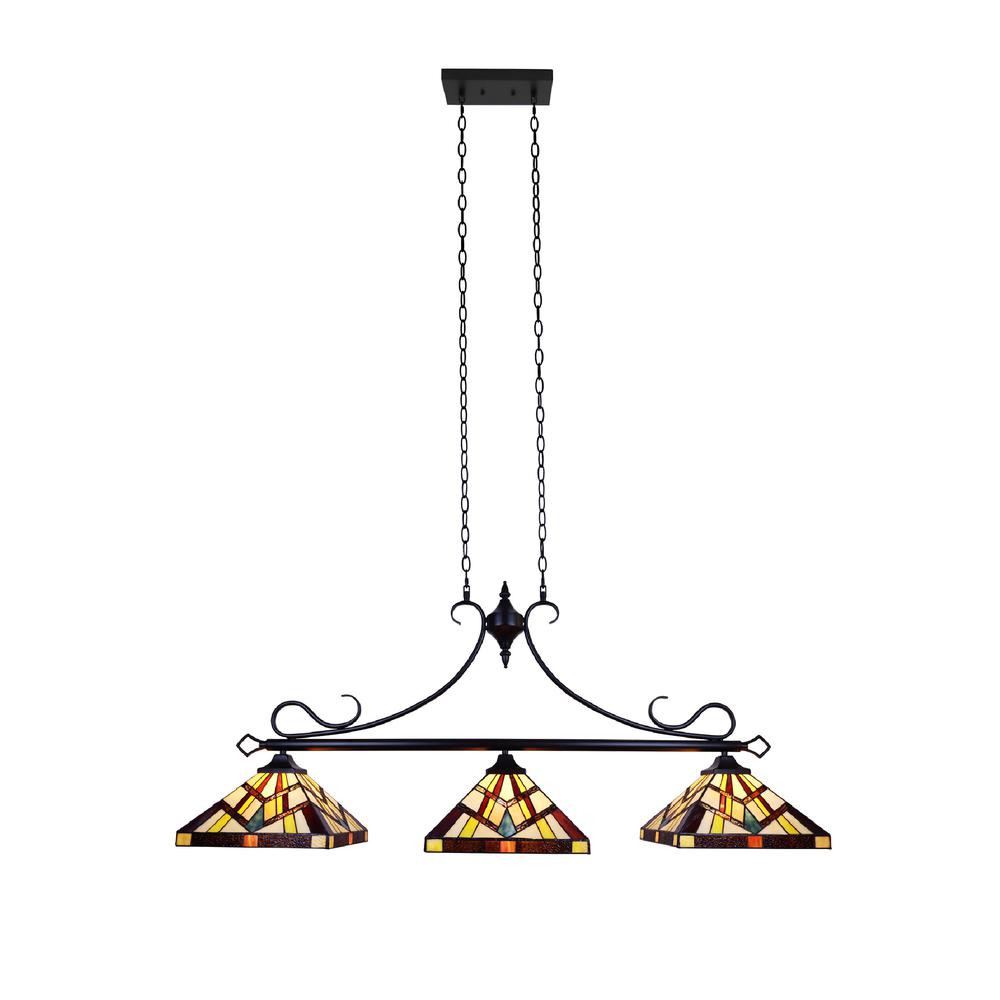 CHLOE Lighting VINCENT Mission Tiffany-Style 3 Light Island Pendant 47" Wide. Picture 2