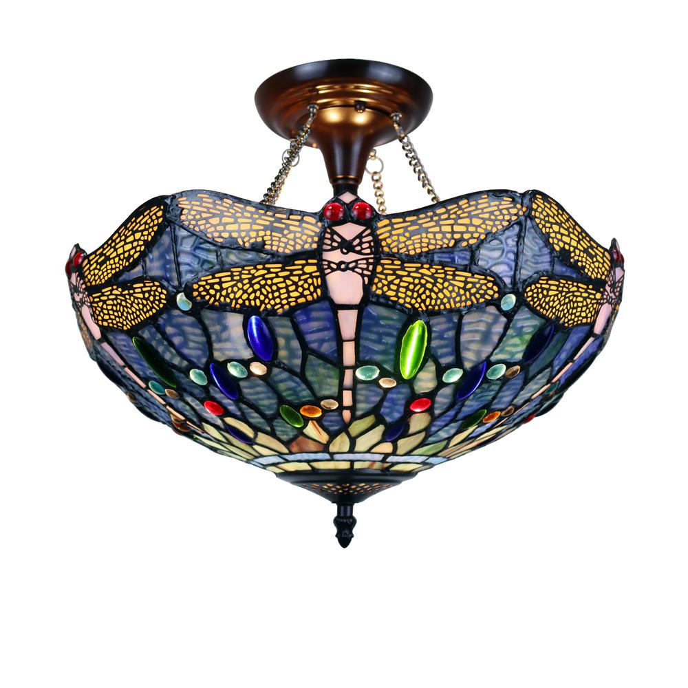 CHLOE Lighting SUNNIVA Dragonfly Tiffany-Style Dark Bronze 2 Light Semi-Flush Ceiling Fixture 16" Wide. Picture 1