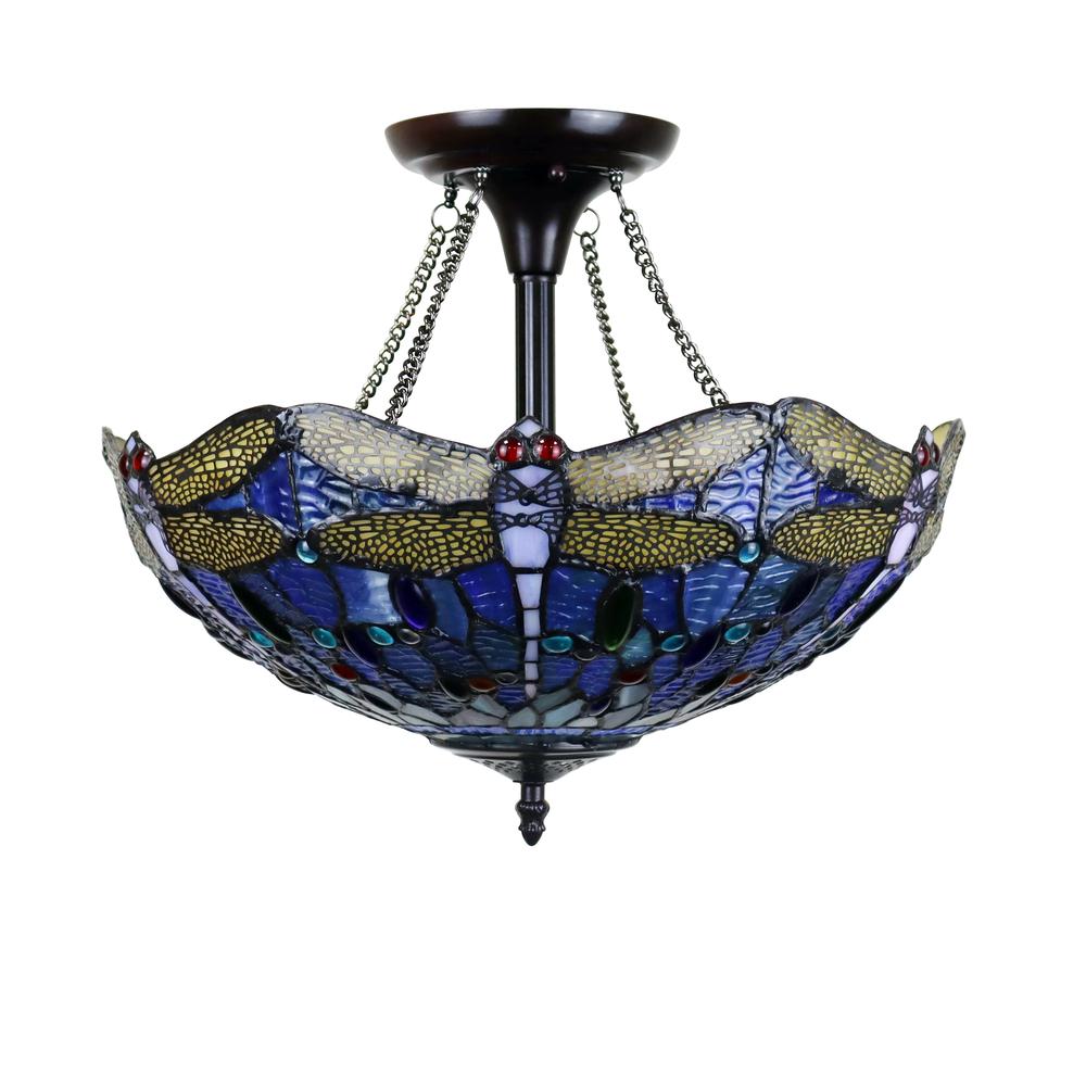 CHLOE Lighting SUNNIVA Dragonfly Tiffany-Style Dark Bronze 2 Light Semi-Flush Ceiling Fixture 16" Wide. Picture 3