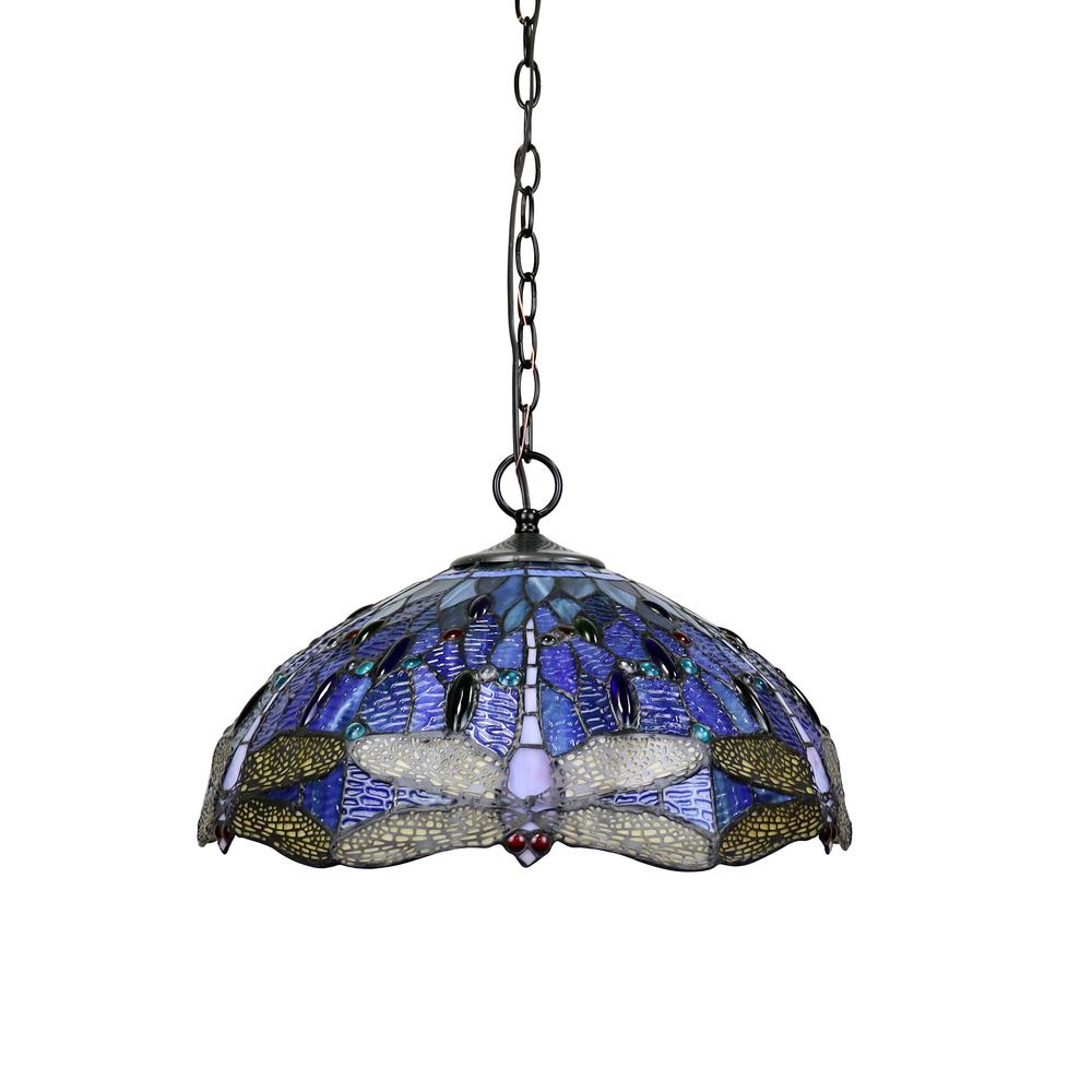 CHLOE Lighting SUNNIVA Dragonfly Tiffany-Style Dark Bronze 2 OR 3 Light Ceiling Pendant 18" Wide. Picture 2