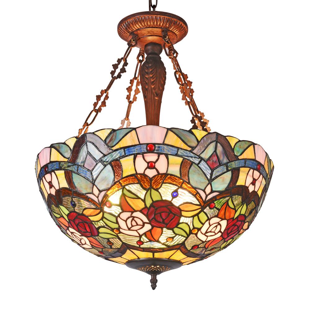 ROSEY Tiffany-style 3 Light Roses Inverted Ceiling Pendant 20" Shade. Picture 1