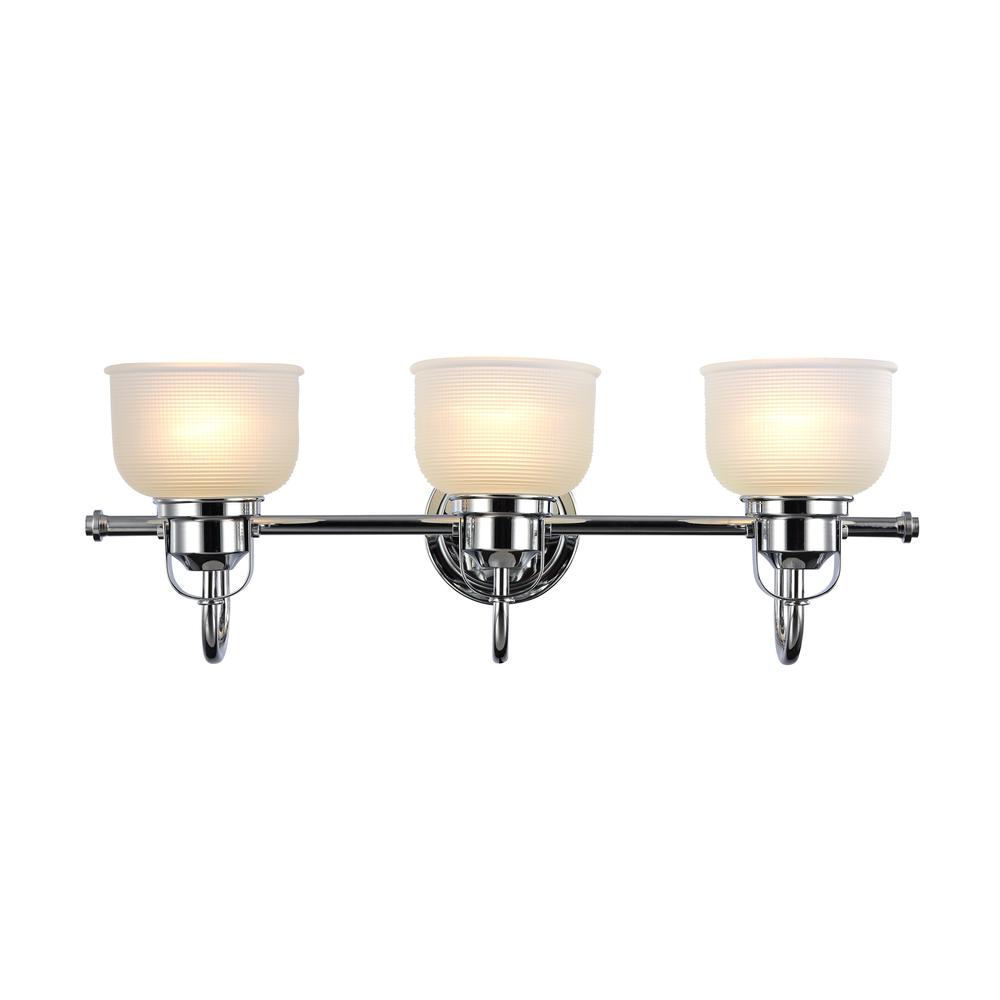LUCIE Industrial-style 3 Light Chrome Finish Bath Vanity Wall Fixture White Frosted Prismatic Glass 25" Wide. Picture 1