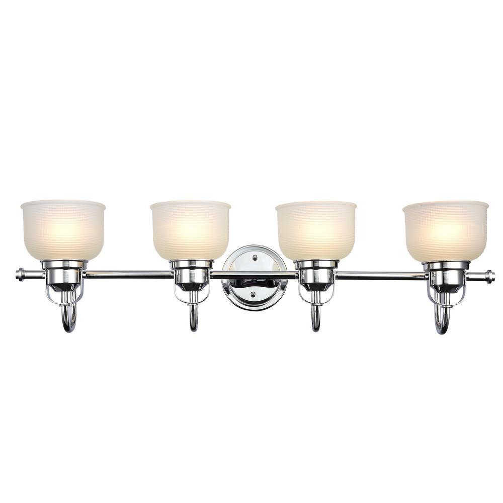 LUCIE Industrial-style 4 Light Chrome Finish Bath Vanity Wall Fixture White Frosted Prismatic Glass 34" Wide. Picture 1