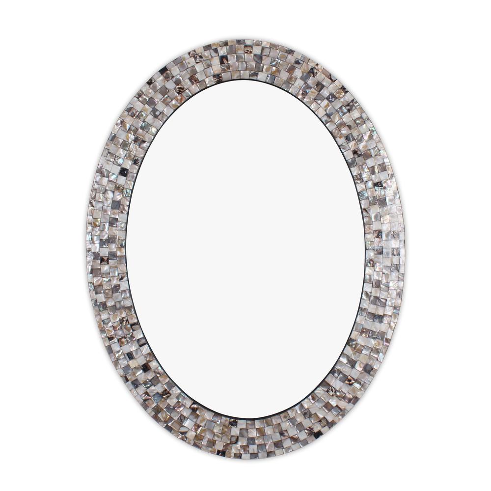 CHLOE's Reflection Vertical Hanging Seashell Finish Oval Framed Wall Mirror 35" Height. Picture 1