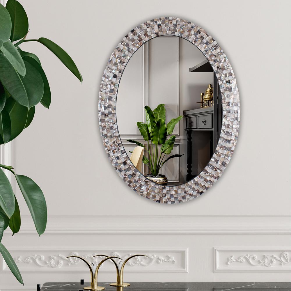CHLOE's Reflection Vertical Hanging Seashell Finish Oval Framed Wall Mirror 35" Height. Picture 3