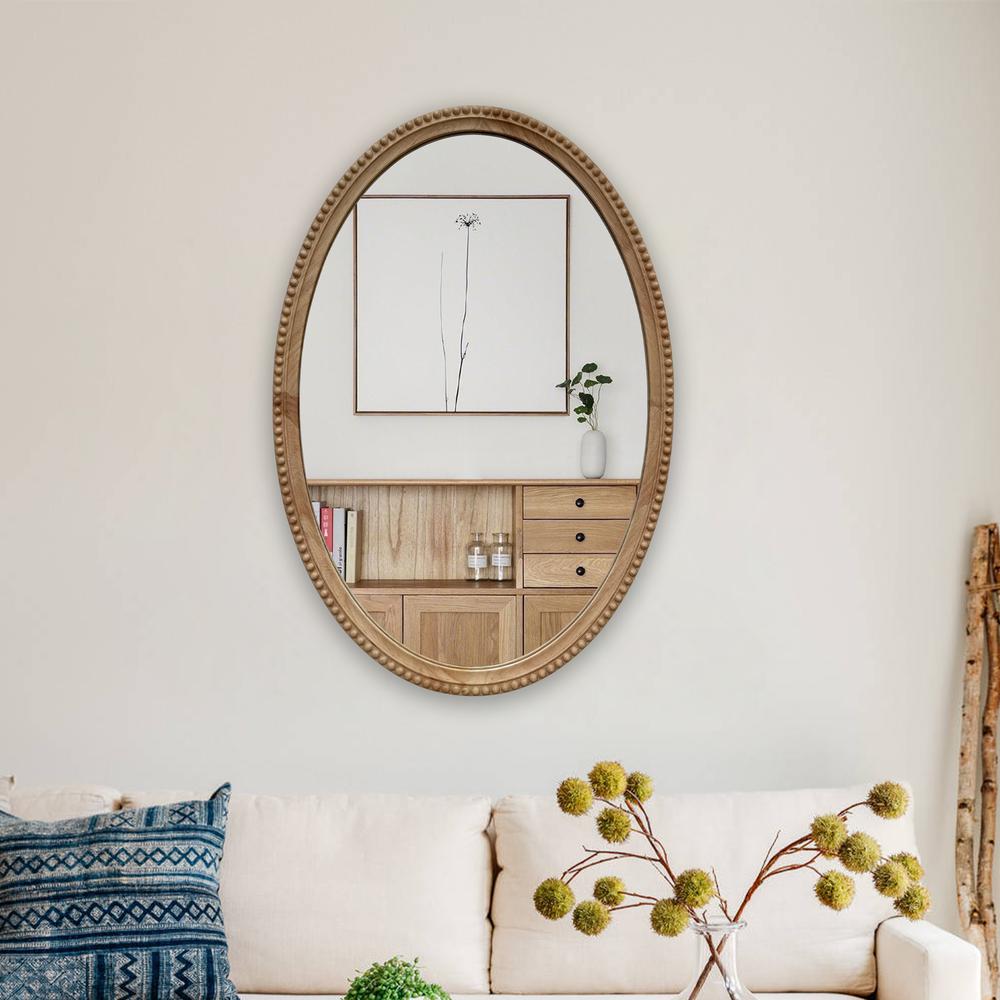 CHLOE's Reflection Contemporary Maple Wood Finish Oval Textured Framed Wall Mirror 32" Height. Picture 6