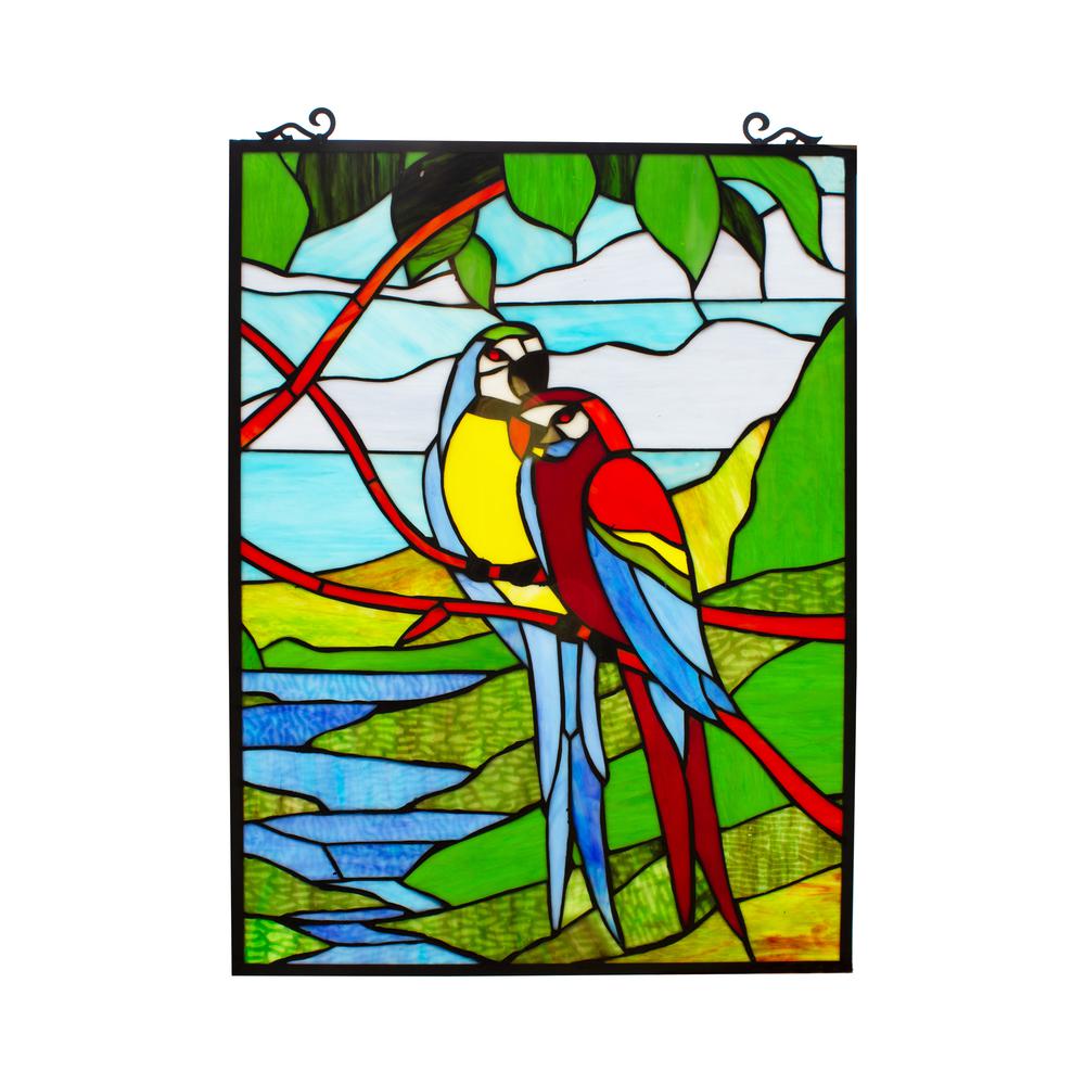 CHLOE Lighting MACAW LOVE-BIRDS Tiffany-style Animal Window Panel 24" Height. The main picture.