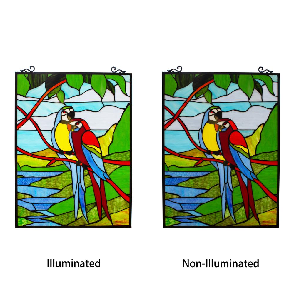 CHLOE Lighting MACAW LOVE-BIRDS Tiffany-style Animal Window Panel 24" Height. Picture 2