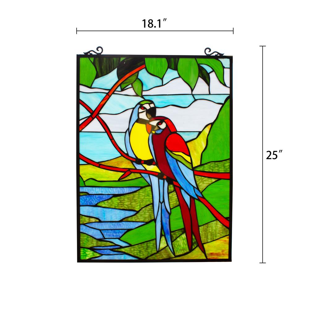 CHLOE Lighting MACAW LOVE-BIRDS Tiffany-style Animal Window Panel 24" Height. Picture 4