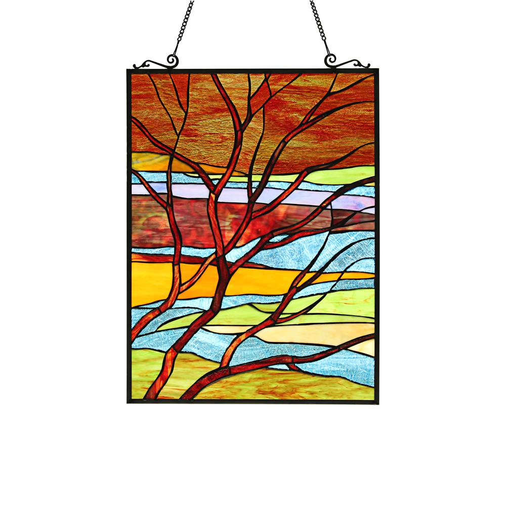 CHLOE Lighting DUSK Tiffany-Style Landscape Stained Glass Window Panel 24" Height. Picture 1
