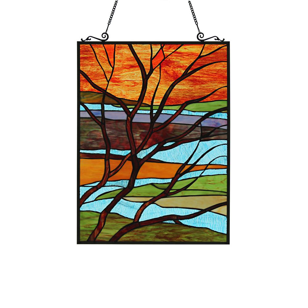 CHLOE Lighting DUSK Tiffany-Style Landscape Stained Glass Window Panel 24" Height. Picture 8