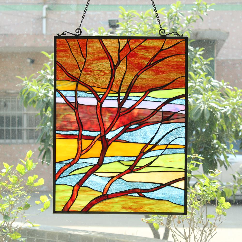 CHLOE Lighting DUSK Tiffany-Style Landscape Stained Glass Window Panel 24" Height. Picture 3