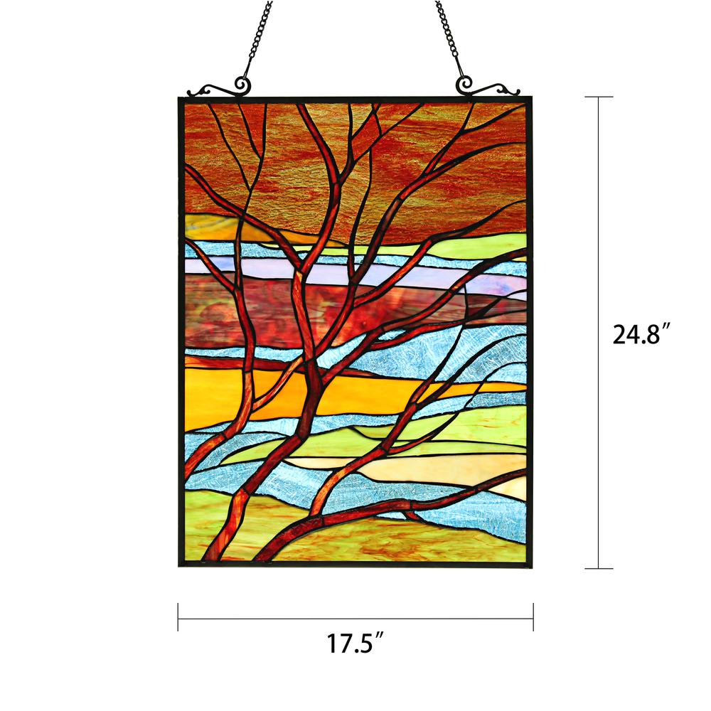 CHLOE Lighting DUSK Tiffany-Style Landscape Stained Glass Window Panel 24" Height. Picture 2