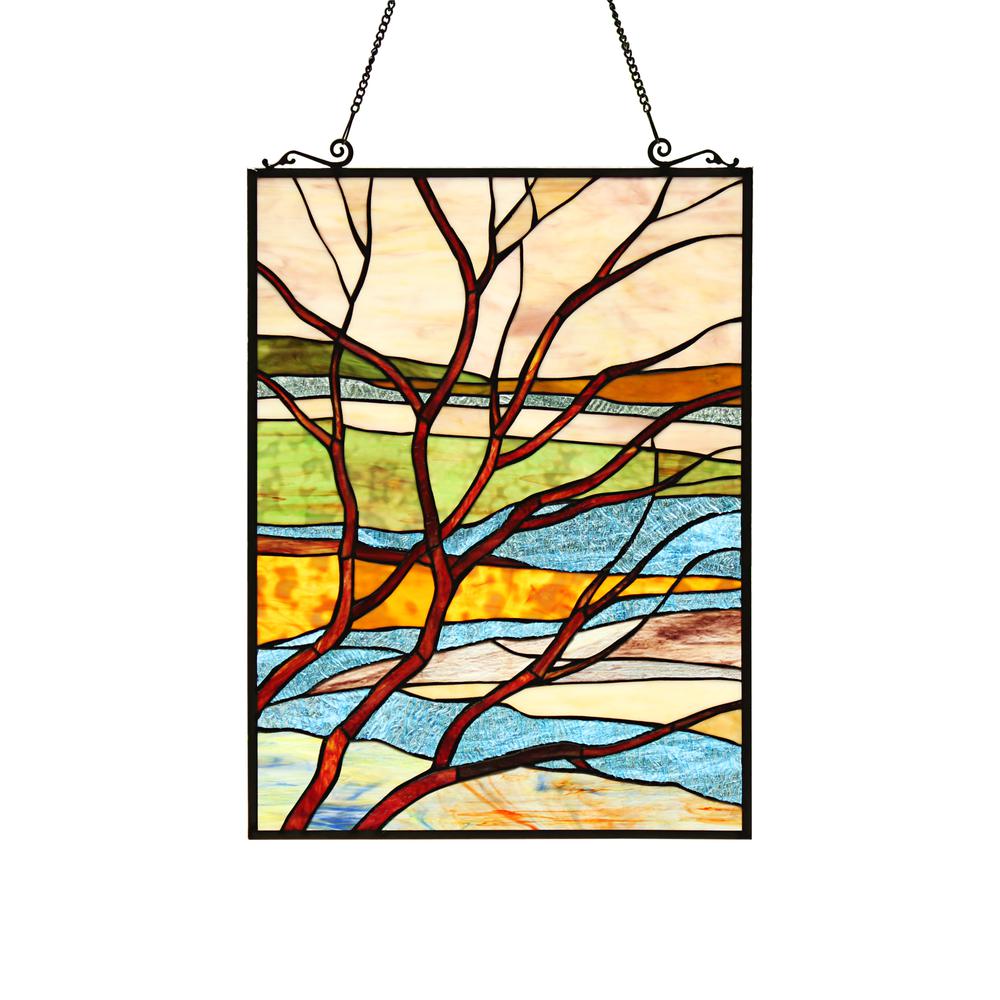 CHLOE Lighting DAWN Tiffany-Style Landscape Stained Glass Window Panel 24" Height. Picture 1