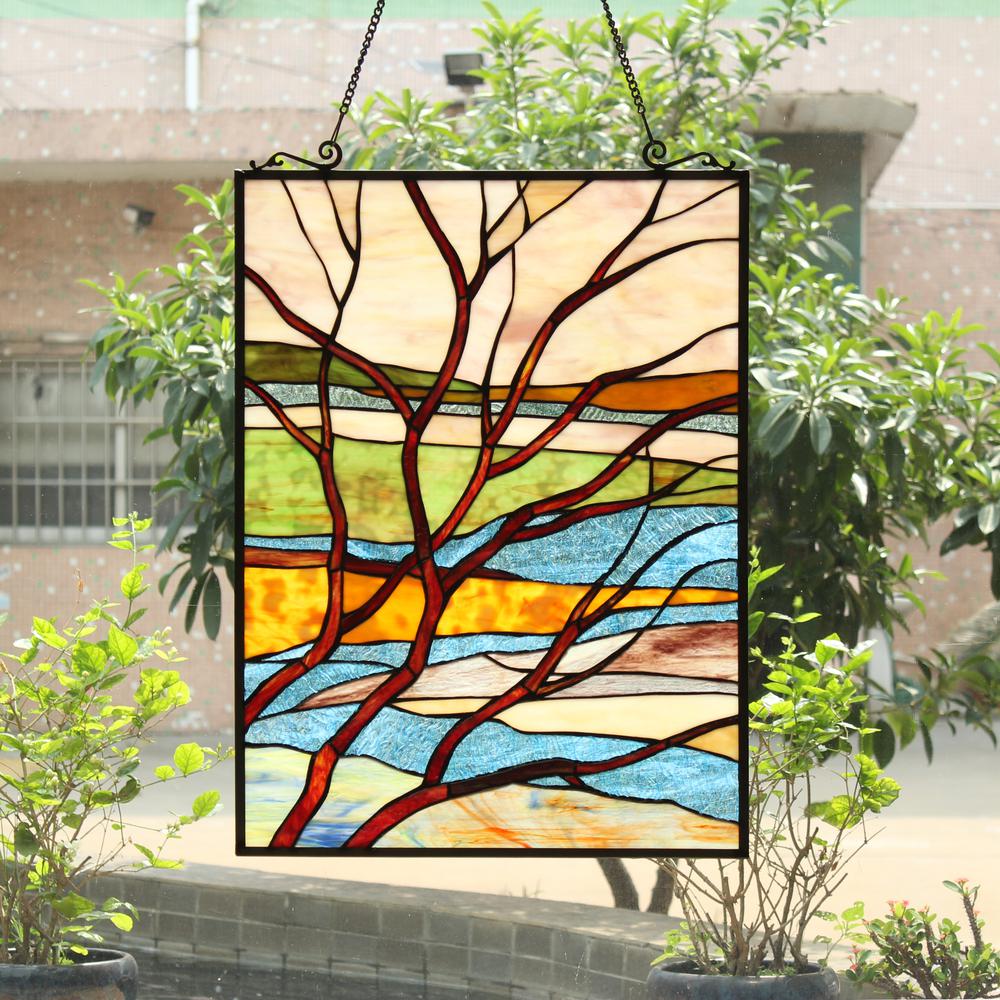 CHLOE Lighting DAWN Tiffany-Style Landscape Stained Glass Window Panel 24" Height. Picture 3