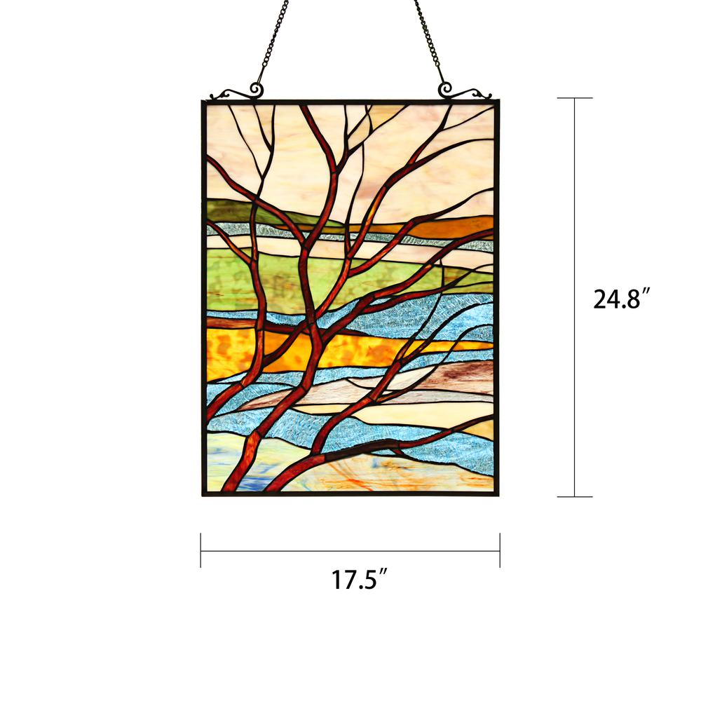 CHLOE Lighting DAWN Tiffany-Style Landscape Stained Glass Window Panel 24" Height. Picture 2