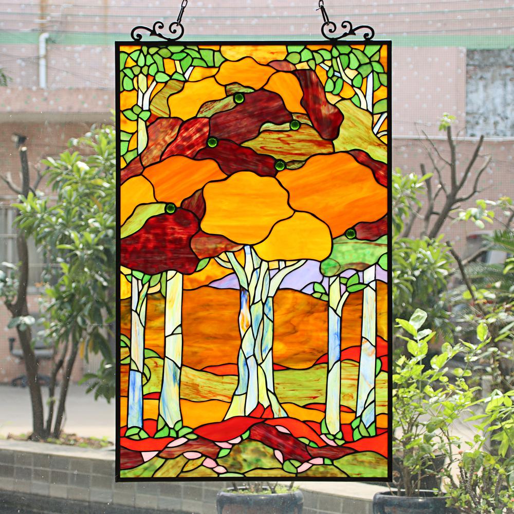 CHLOE Lighting AUTUMN Tiffany-Style Stained Glass Verical Hanging Window Panel 33" Tall. Picture 6