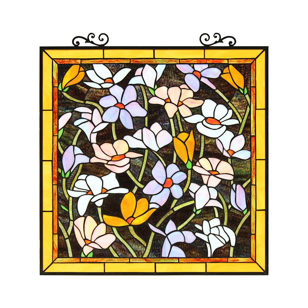CHLOE Lighting PLUMERIA Floral Tiffany-Style Stained Glass Verical Hanging Window Panel 25" Tall. Picture 1