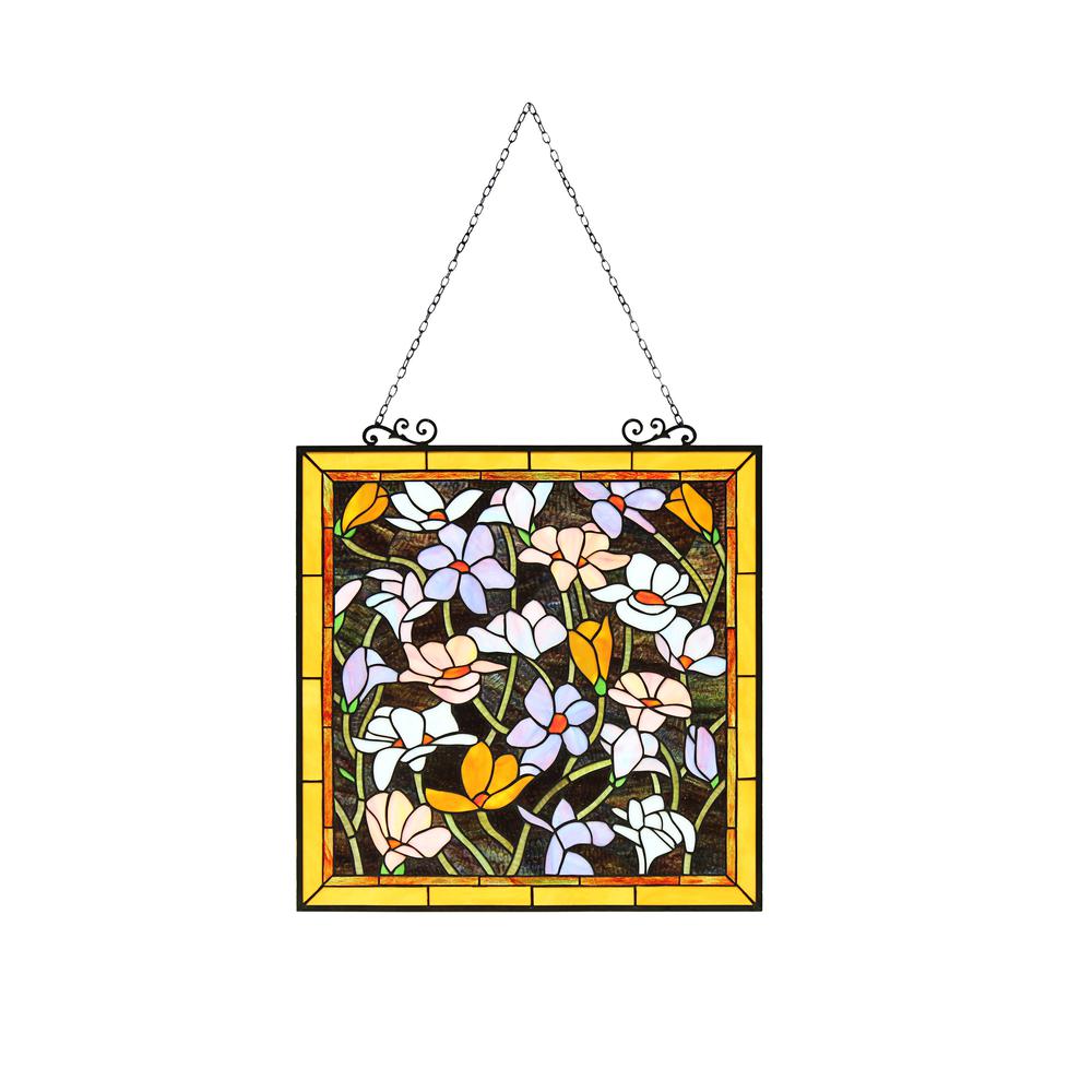CHLOE Lighting PLUMERIA Floral Tiffany-Style Stained Glass Verical Hanging Window Panel 25" Tall. Picture 5