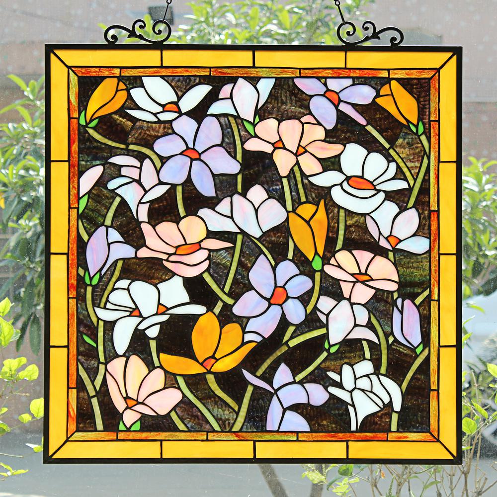 CHLOE Lighting PLUMERIA Floral Tiffany-Style Stained Glass Verical Hanging Window Panel 25" Tall. Picture 7