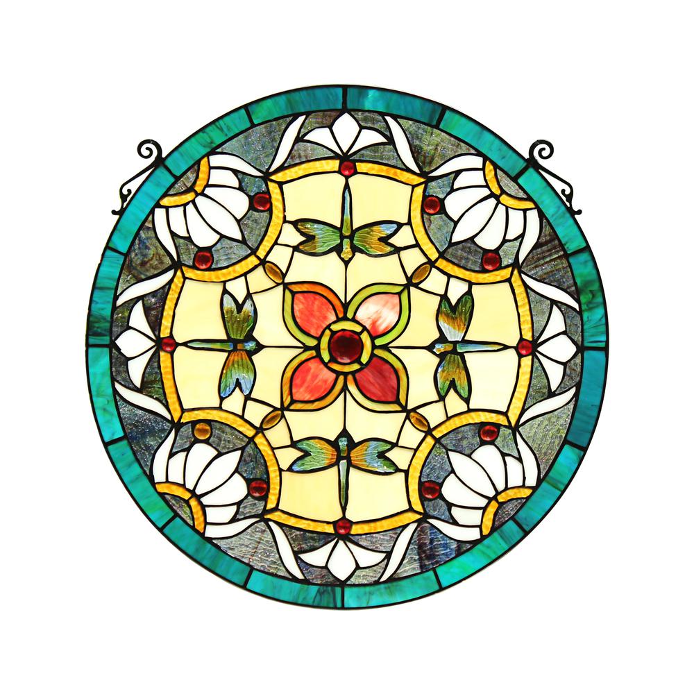 CHLOE Lighting GREEN DARNER Tiffany-Style Dragonfly Stained Glass Window Panel 20" Height. Picture 1