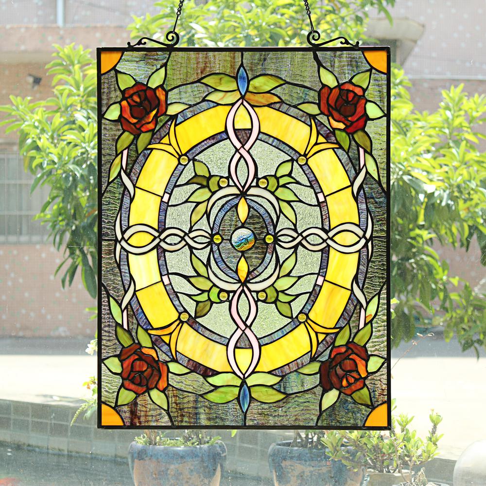CHLOE Lighting BONICA Tiffany-Style Floral Stained Glass Window Panel 24" Height. Picture 3