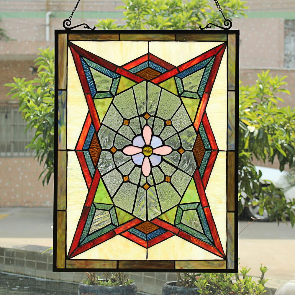 CHLOE Lighting EMINENT Tiffany-Style Geometric Stained Glass Window Panel 25" Height. Picture 7