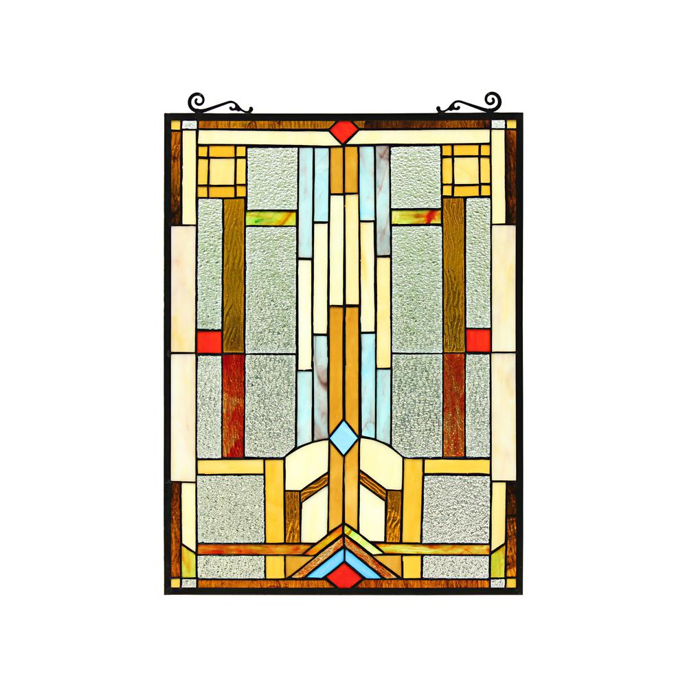 CHLOE Lighting JOASH Tiffany-Style Geometric Stained Glass Window Panel 24" Height. Picture 1