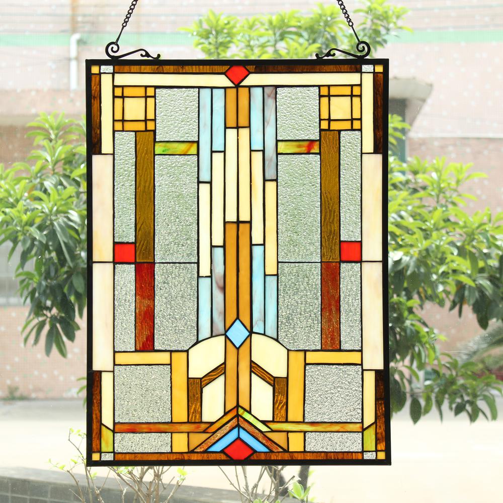CHLOE Lighting JOASH Tiffany-Style Geometric Stained Glass Window Panel 24" Height. Picture 3