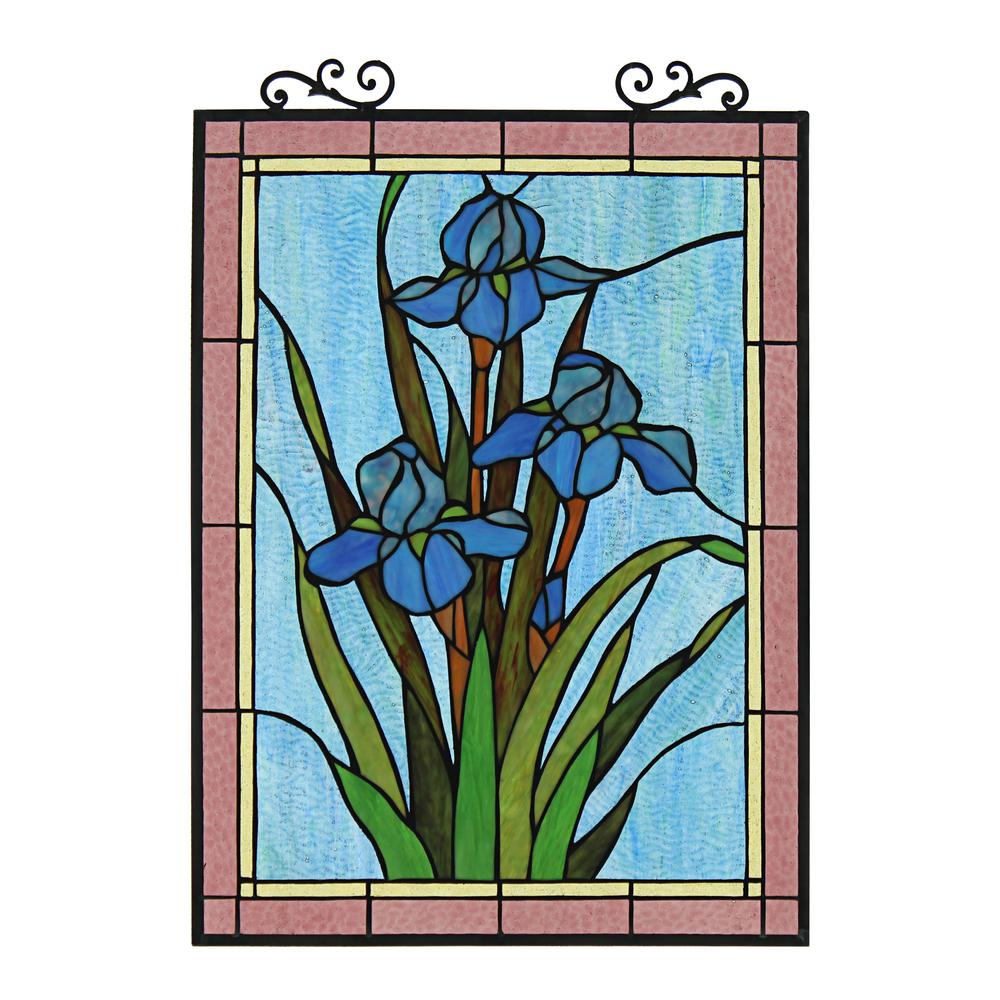 CHLOE Lighting BLUE IRIS Floral Tiffany-Style Stained Glass Verical Hanging Window Panel 25" Tall. Picture 2