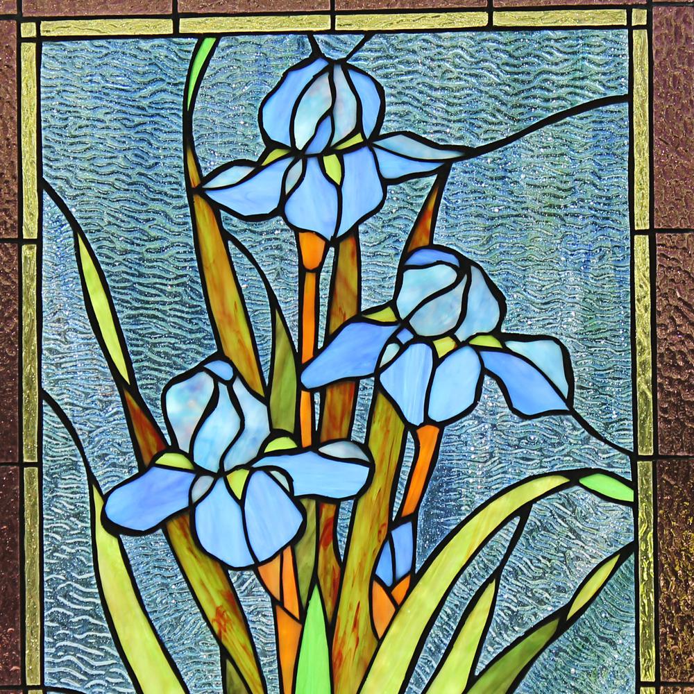 CHLOE Lighting BLUE IRIS Floral Tiffany-Style Stained Glass Verical Hanging Window Panel 25" Tall. Picture 3