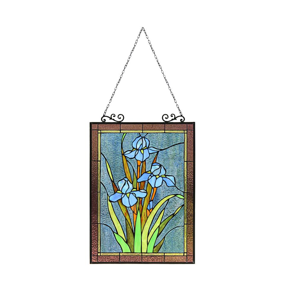 CHLOE Lighting BLUE IRIS Floral Tiffany-Style Stained Glass Verical Hanging Window Panel 25" Tall. Picture 5