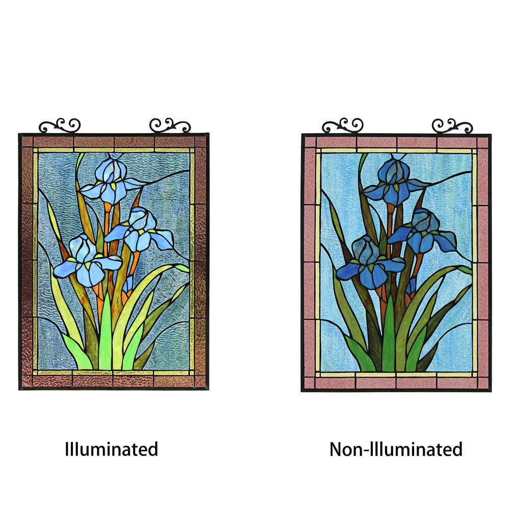 CHLOE Lighting BLUE IRIS Floral Tiffany-Style Stained Glass Verical Hanging Window Panel 25" Tall. Picture 6
