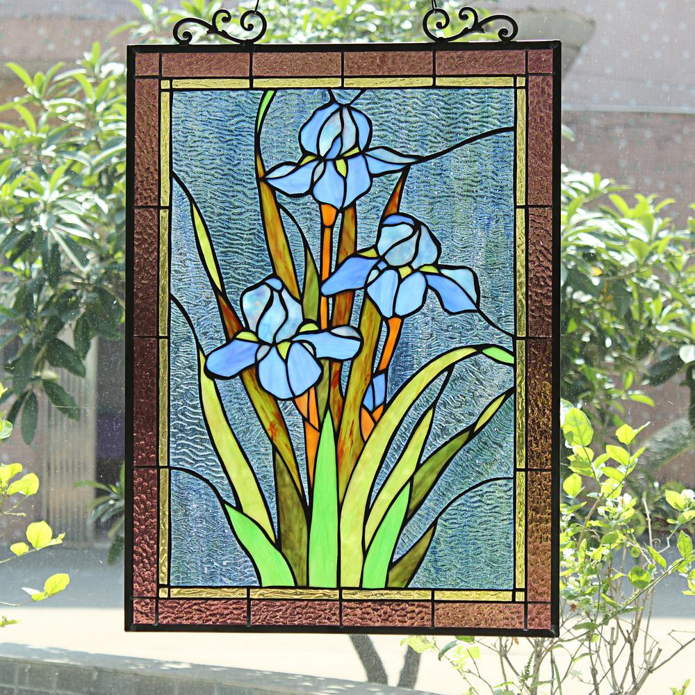 CHLOE Lighting BLUE IRIS Floral Tiffany-Style Stained Glass Verical Hanging Window Panel 25" Tall. Picture 7