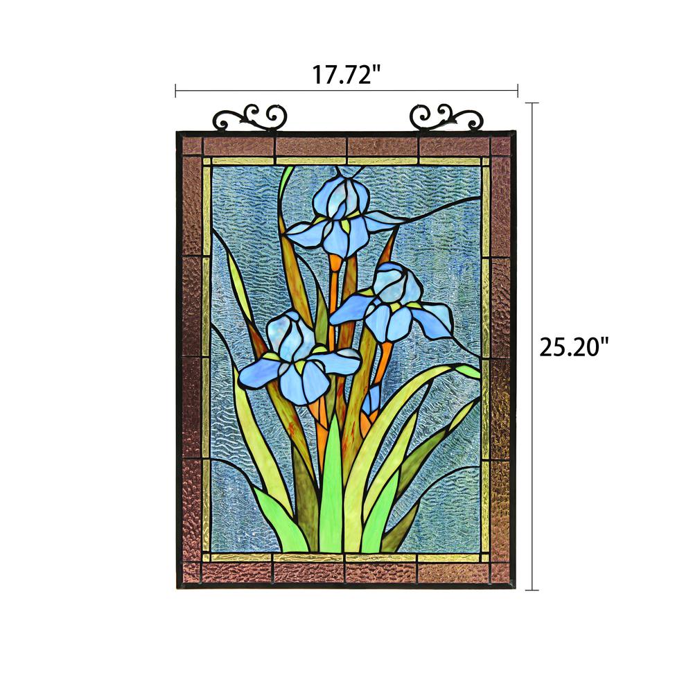 CHLOE Lighting BLUE IRIS Floral Tiffany-Style Stained Glass Verical Hanging Window Panel 25" Tall. Picture 9