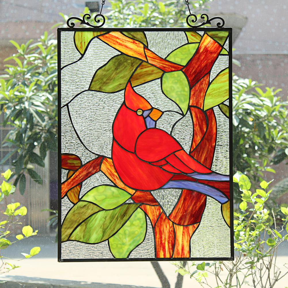 CHLOE Lighting CARDINAL Tiffany-Style Animal Stained Glass Window Panel 25" Height. Picture 6