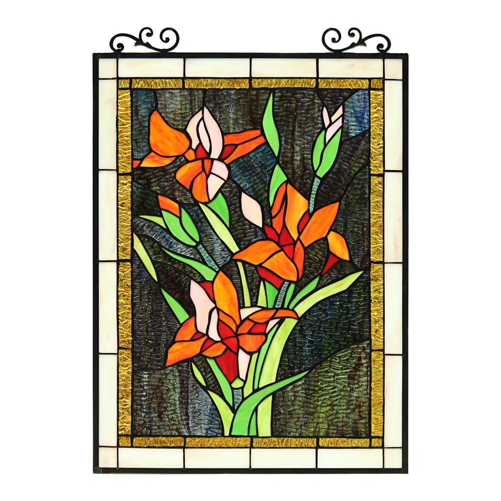 CHLOE Lighting ORANGE LILY Floral Tiffany-Style Stained Glass Verical Hanging Window Panel 24" Tall. Picture 1