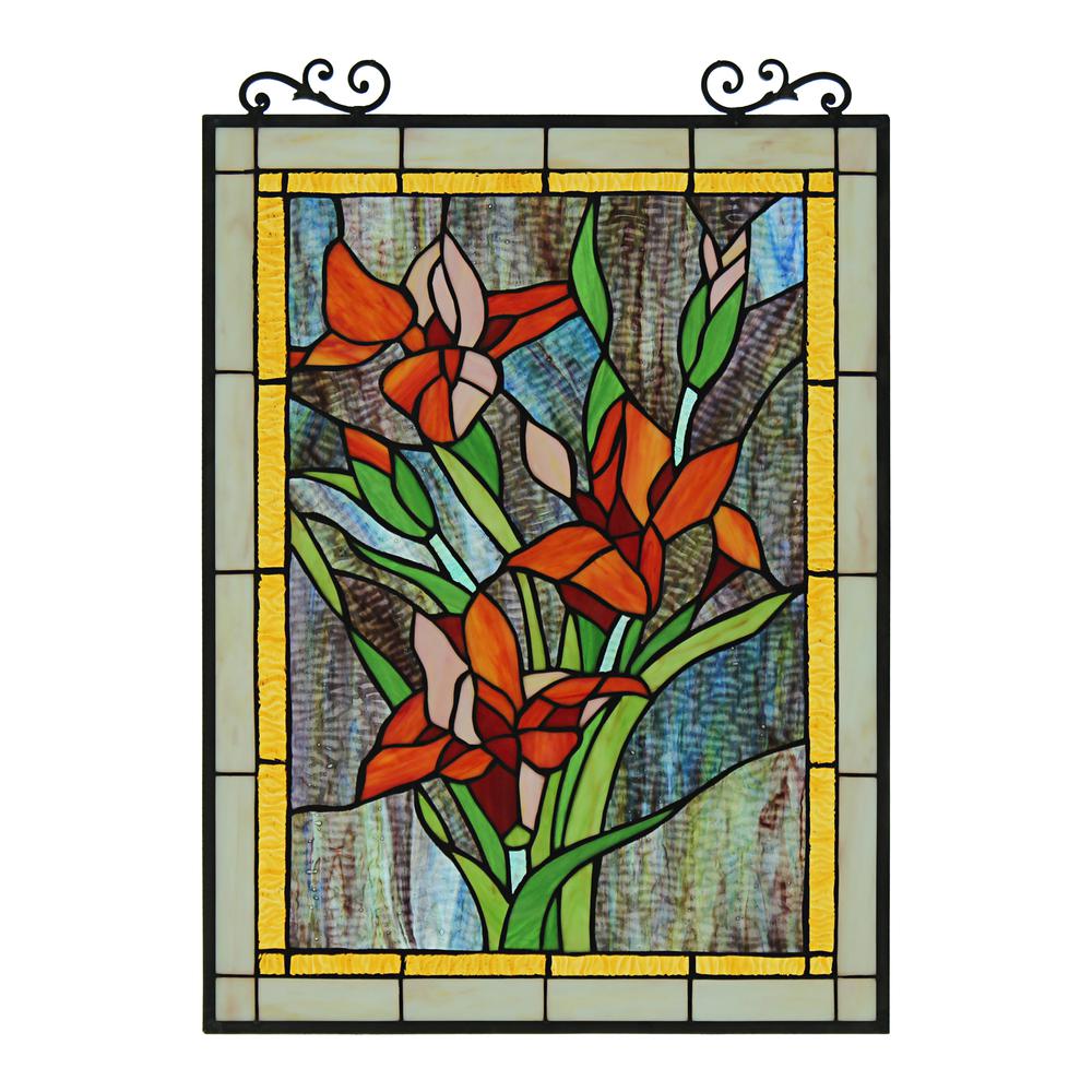 CHLOE Lighting ORANGE LILY Floral Tiffany-Style Stained Glass Verical Hanging Window Panel 24" Tall. Picture 2