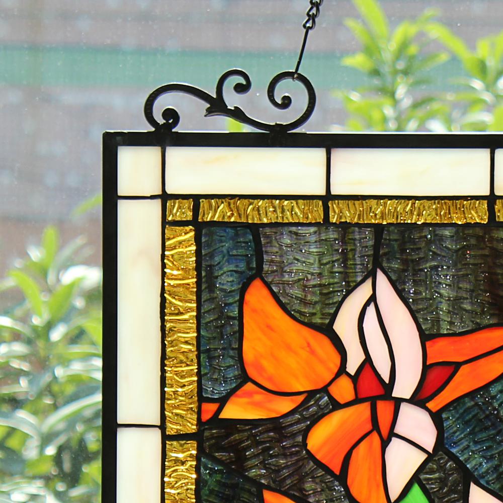CHLOE Lighting ORANGE LILY Floral Tiffany-Style Stained Glass Verical Hanging Window Panel 24" Tall. Picture 4